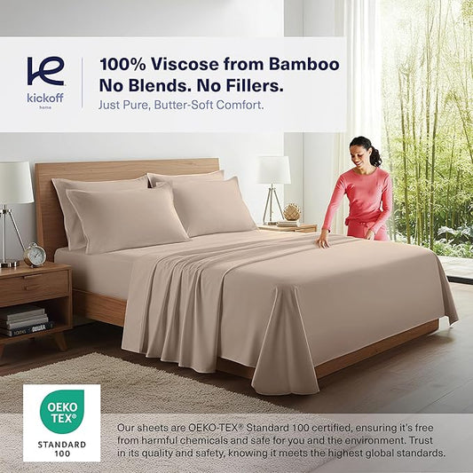 Kickoff Viscose Bamboo Sheets Queen Size 4-pc 100% Organic Bamboo Viscose Bed Cooling Sheets Queen Size Set Cool Bedding for hot Sleepers Sheet, Flat, Fitted, Pillowcases (Taupe Latte, Q)
