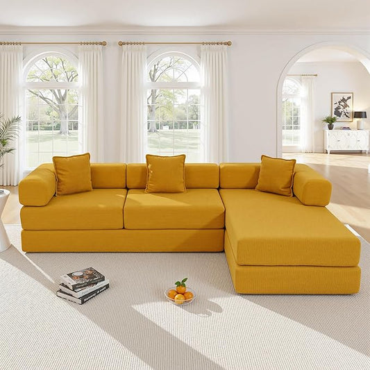 108" Oversized Convertible Sleeper Sofa Bed, Corduroy L Shape Sectional Couch, Folding Sofa Bed with Fixed-Shape Frame, Modern Cloud Floor Mattress Couch, Modular Sofa for Living Room, Yellow