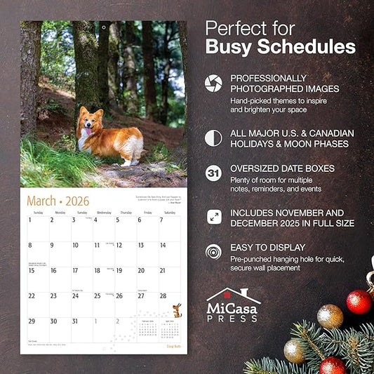 MICASA PRESS Corgi Butts 2026 Wall Calendar 12 Month | 12" x 24" Open | Thick & Sturdy Paper | Holiday Gift | Cute Puppy Funny Dog Calendar 2026