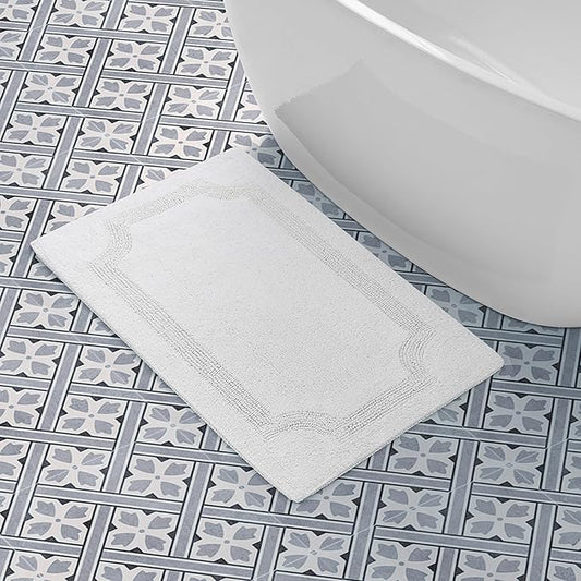 Laura Ashley - Reversible Cotton Bath Mat, Premium Bathroom Décor, Machine Washable Bathroom Rug, Highly Absorbent, 21"x34", White