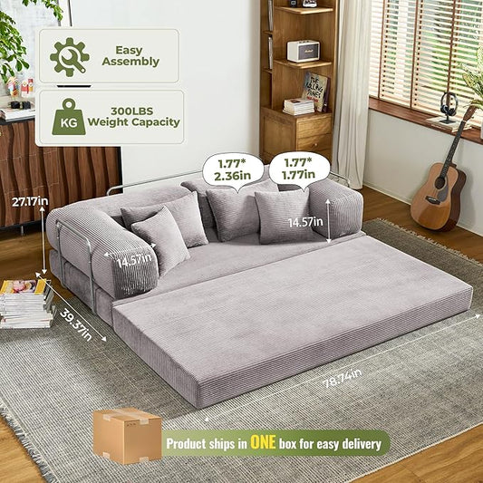 78 Inch Convertible Sofa Bed, Corduroy Boneless Couch with Fixed Frame and 4 Pillows, Modular Sectional Couch for Living Room Bedroom Studio Floor Bed Loveseat Sofa (Grey)