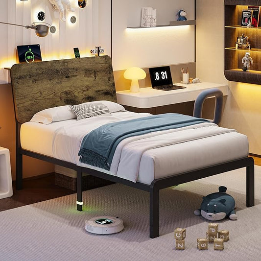 iPormis Twin Size Bed Frame with Ergonomic Wooden Storage Headboard, Metal Platform Bed with LED Lights & Charging Station, Steel Slats Support, No Box Spring Needed, Noise-Free, Easy Assembly, Rustic