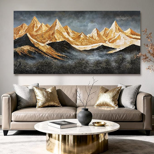 YETHEN WAL Gold Mountain Landscape Wall Art, Textured Mountain Canvas Print in Grey & Gold, Modern Horizontal Artwork, Gallery Wrapped, 20×40 in