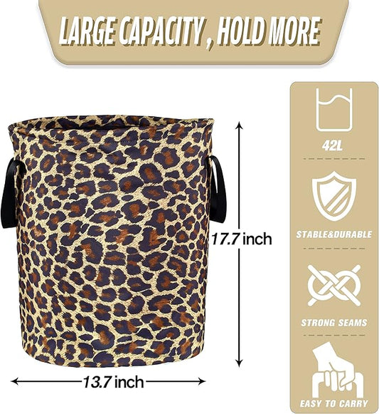 Brown Leopard Laundry Basket Foldable Oxford Cloth Funny Tote Bag Laundry Hamper Clothes Storage Bucket Organizer For Bathroom/Laundry Storage/Bedroom Storage Basket 17.7x13.7 Inch