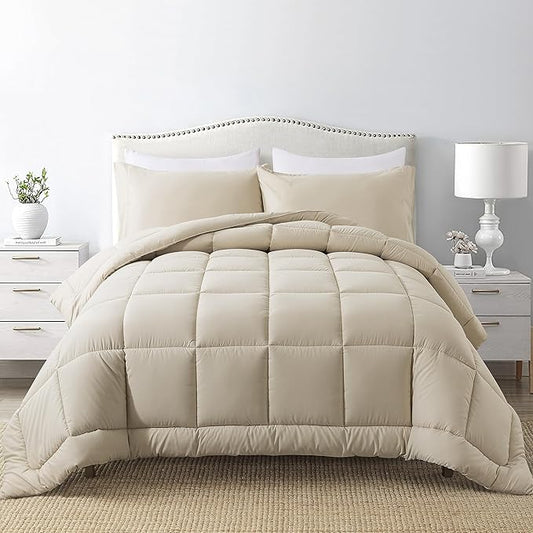 DOWNCOOL Queen Comforter Set -All Season Bedding Comforters Sets with 2 Pillow Cases-3 Pieces Bedding Sets Queen -Down Alternative Beige Queen Size Comforter Sets(88"x92")