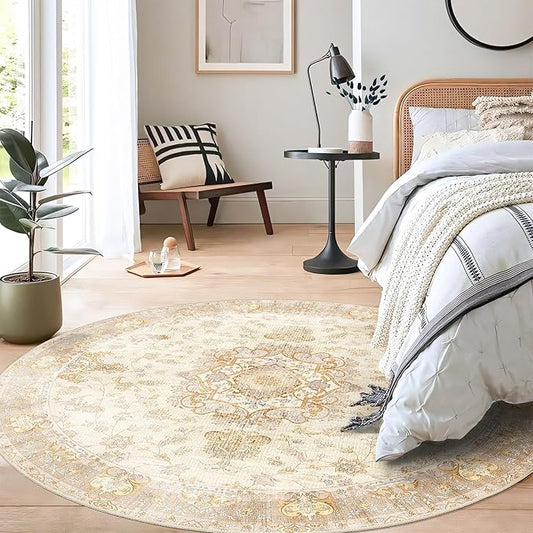 Boho Round Rug 5ft, Circle Area Rugs for Bedroom Living Room Bedside,Washable Vintage Bohemian Distressed Oriental Floral Carpet Non Slip,Retro Beige Floral