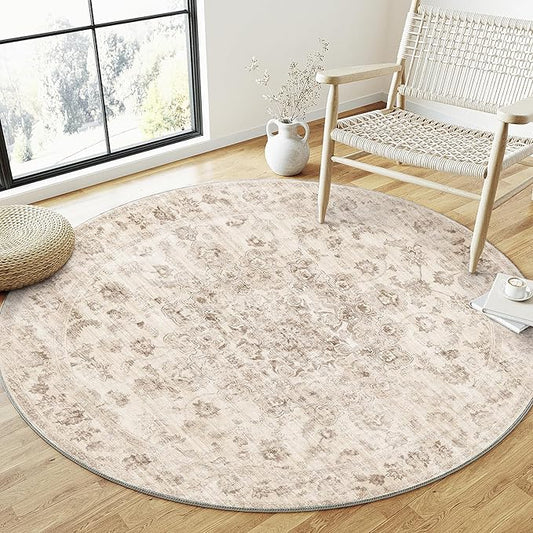 5x5 Washable Neutral Round Rug Beige Vintage Entryway Kitchen Cirlce Rug Non-Slip Soft Low Pile Floral Indoor Carpet for Entrance Bathroom Dining Room