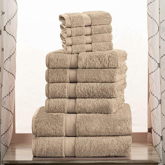 Superior Egyptian Cotton Pile 10 Piece Towel Set, Includes 2 Bath, 4 Hand, 4 Face Towels/Washcloths, Ultra Soft Luxury Towels, Thick Plush Essentials, Guest Bath, Spa, Hotel Bathroom, Latte