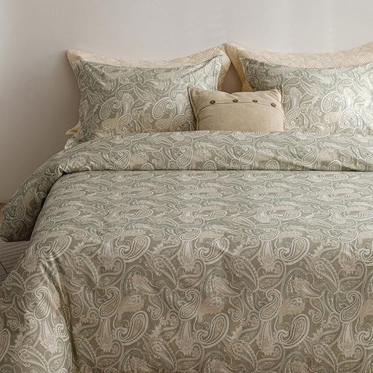 HeimenAogo Luxurious Egyptian Cotton Duvet Cover Set, California King Size Sateen Weave with Silky Soft Boho Style, Zipper Closure and Paisley Pattern