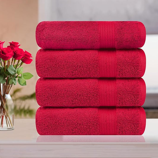 Ample Decor Bath Towel 100% Cotton 30 X 54 Inch 600 GSM Towels Bathroom Soft Light Weight - 4pcs - Red