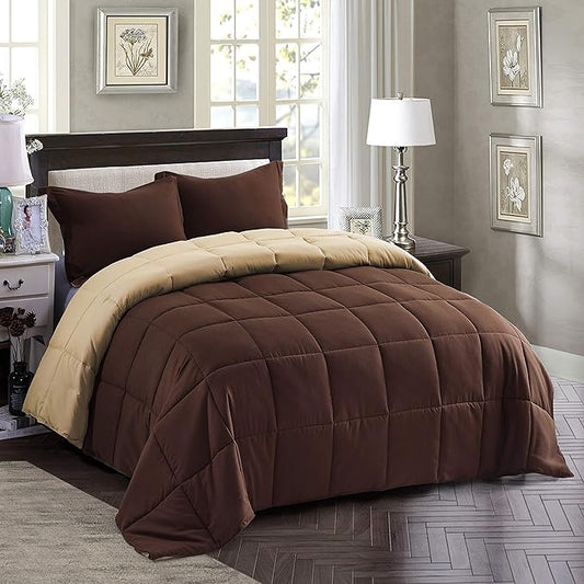 HIG 3pc Down Alternative Comforter Set - All Season Reversible Comforter with Two Shams - Quilted Duvet Insert with Corner Tabs - Box Stitched - Super Soft, Fluffy (King/Cal King, Chocolate)