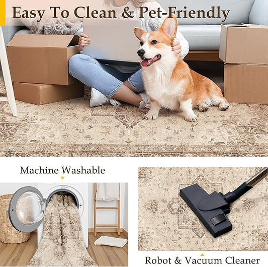 Brown 5x7 Area Rug Washable Vintage Living Room Carpet Non Slip Retro Distressed Low Pile Soft Oriental Medallion Thin Throw Rug for Kitchen Bathroom Office Bedroom Dining Room