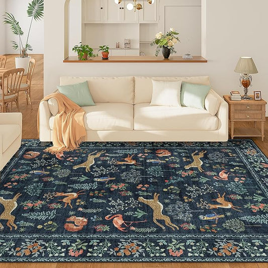 DUKINO 9x12 Rug, Washable Animal Living Room Rug with Non Slip Vintage Design, Soft Low Pile Large Carpet for Bedroom, Nursery, Dining Room, Farmhouse, Playroom, Navy Blue