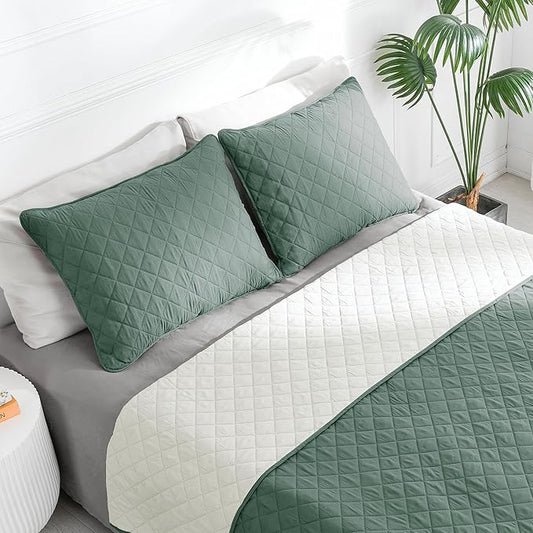 Easy-Going King Size Reversible Quilt Set with 1 Quilt and 2 Pillow Shams, Soft Bed Quilt Cover, Water Resistant Lightweight Microfiber Bedspread, Stain Resistant, Cyan/Ivory