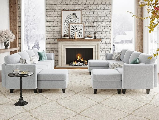 Modular Sectional Sofa, Convertible U Shaped Sofa Couch with High Density Memory Foam, 6 Seat Comfy Modular Sofa Couch for Living Room, Modern U Shaped Sectional Sofa, Lightgrey