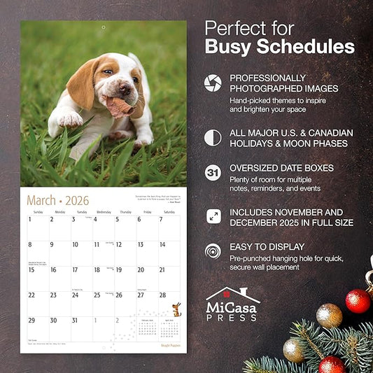 MICASA PRESS Beagle Puppies 2026 Wall Calendar 12 Month | 12" x 24" Open | Thick & Sturdy Paper | Holiday Gift | Cute Puppy Dog Calendar 2026