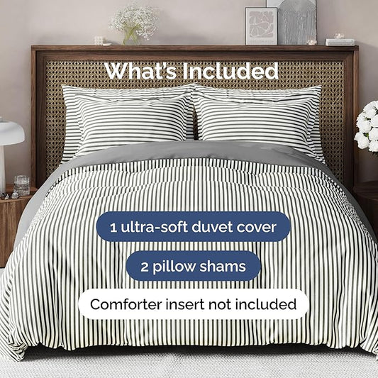 Duvet Cover King Size Set - Extra Soft King Size Duvet Cover 104 x 90 with 2 Pillow Shams - Hotel Luxury Easy Care and Fade Free w/Zipper Closures & Ties - Comfy Breathable Bedding Set (Grey Stripes)