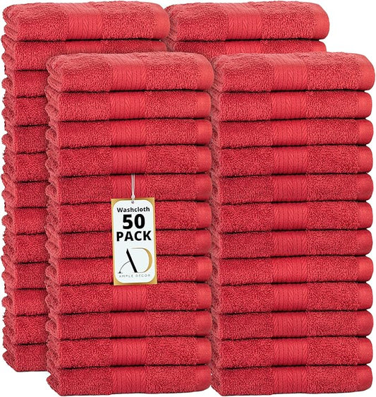 Ample Decor Pack of 50 Wash Cloths 12 X 12 Inch 100% Cotton 600 GSM, Quick Drying Face Towels, Reusable Fingertip Towels for Bathroom, Gym, Spa - Christmas Red