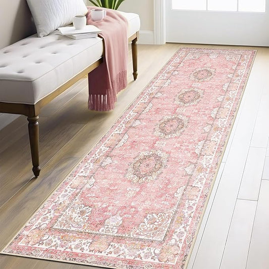 Washable Runner Rug 2'x8',Pink Rug Runners Non Slip,Long Boho Rugs for Hallways Kitchen Bathroom Bedroom Entryway,Vintage Bohemian Distressed Floor Carpet,Blush Floral Flowers