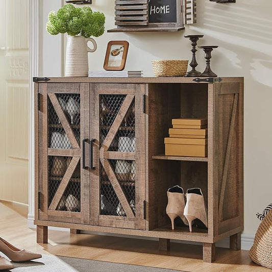 JXQTLINGMU Shoe Storage Cabinet, 38" Wide Farmhouse Shoe Cabinet with Mesh Doors and Adjustable Shelves, Rustic Wooden Shoe Organizer, Modern Large Shoe Cabinet Storage for Entryway, Light Brown