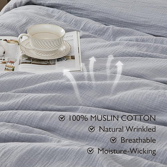 EMME Muslin Cotton Duvet Cover Set Light Grey Twin Size Linen Like Soft Breathable Lightweight Summer Comforter Cover Set with Zipper Closure (Light Grey, Twin, 68"x90")
