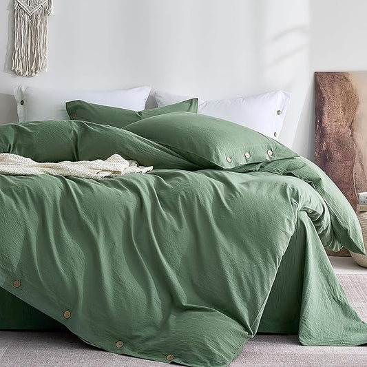 JELLYMONI 100% Washed Cotton Duvet Cover King – Soft, Breathable Linen-Look Bedding with Natural Wrinkle Texture, Button Closure, 3-Piece Set (Dusty Green, 104"x90")
