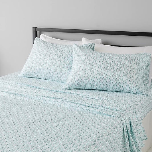 Amazon Basics Lightweight Super Soft Easy Care Comfortable Microfiber 4-Piece Bed Sheet Set with 14-Inch Deep Pockets, Queen, Aqua Fern, Printed AmazonBasics