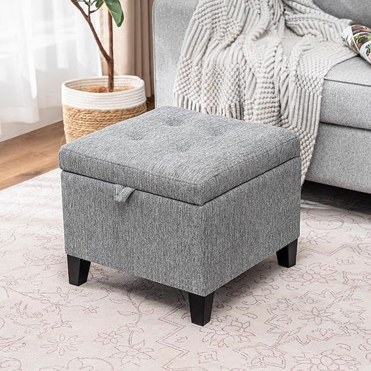 Adeco 17" Square Ottoman with Storage, Small Grey Storage Ottoman Foot Rest with Hinged Lid & Solid Wood Legs, Linen Fabric Foot Stool for Living Room & Bedroom