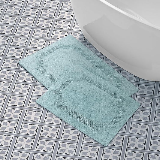 Laura Ashley - Reversible Cotton Bath Mat, Premium Bathroom Décor, Machine Washable Bathroom Rug, Highly Absorbent, 17"x24"/20"x32" 2-Piece Set, Aqua