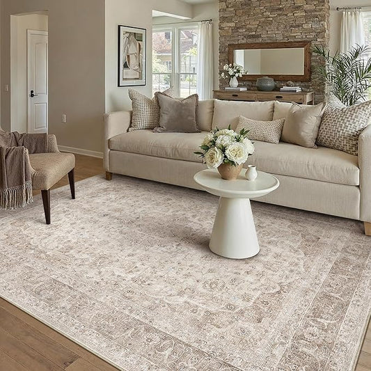 Beige Area Rug 5x7 for Living Room Washable Vintage Carpet Low Pile Non Slip Distressed Soft Traditional Retro Oriental Large Accent Throw Rug Office Kitchen Bedroom Bathroom Dining Room