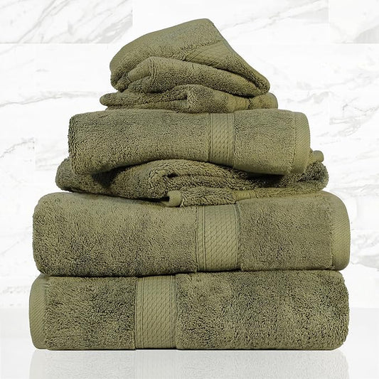 Superior Egyptian Cotton Pile 6 Piece Towel Set, Includes 2 Bath, 2 Hand, 2 Face Towels/Washcloths, Ultra Soft Luxury Towels, Thick Plush Essentials, Guest Bath, Spa, Hotel Bathroom, Forest Green