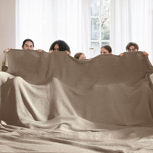 Bedsure Gentlesoft 100% Cotton Large Blanket Oversized King for Bed - Breathable Thick Waffle Weave Blanket for Summer, Couch Cover, Light Brown, 120x94 inches