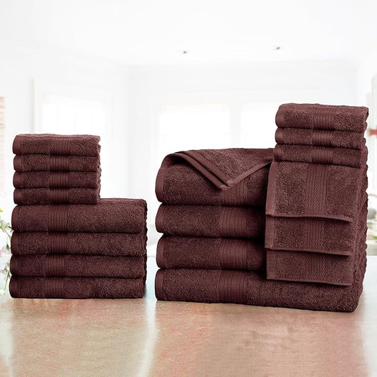 Ample Decor Bathroom Towel Set of 18-4 Hand Towel, 4 Bath Towel, 10 Wash Cloths - Oeko Tex Certified 600 GSM 100% Cotton - High Absorbency Quick Drying, Ideal for Gifting - Brown