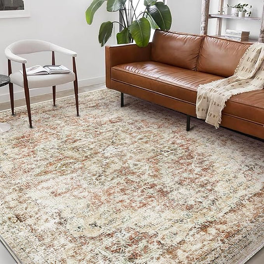 Washable Area Rug 8'x10' Retro Boho Design Non-Shedding Non-Slip Easy Care Ideal for High Traffic Areas in Living Room Bedroom Office Coffee Table Kitchen Large Carpet