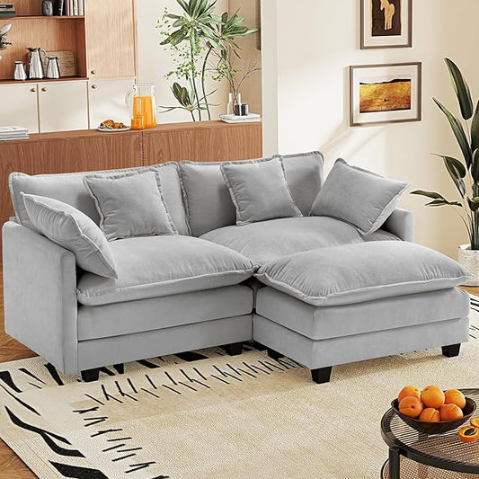77.6" Modular Sectional Sofa,Loveseat Couch for Living Room, Modern Deep Seat Sofa 2 Seater Chenille Fabric Comfy Cloud Couches with Throw Pillows & Ottoman for Apartment,Small Spaces