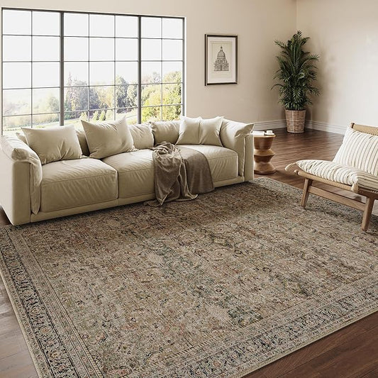 6x9 Washable Area Rug Brown Vintage Distressed Living Room Bedroom Large Throw Rug Non Slip Low Pile Soft Accent Indoor Floor Carpet for Dining Room Office Entryway Kitchen
