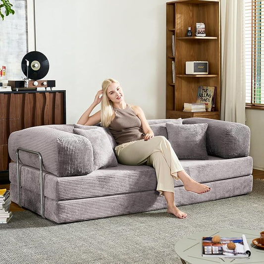 78 Inch Convertible Sofa Bed, Corduroy Boneless Couch with Fixed Frame and 4 Pillows, Modular Sectional Couch for Living Room Bedroom Studio Floor Bed Loveseat Sofa (Grey)