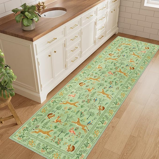 DUKINO 2x6 Rug for Hallway, Washable Kitchen Runner Rug with Non Slip Backing, Soft Low Pile Vintage Animal Runner for Bedroom, Kitchen, Hallway, Entryway, Laundry, Light Green