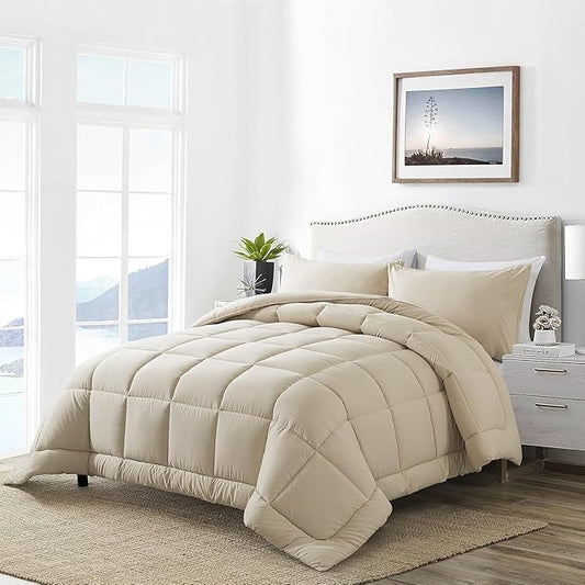 DOWNCOOL Twin Comforter Set -All Season Bedding Comforters Sets with 1 Pillow Case -2 Pieces Bed Set Down Alternative Comforter Set -Beige Twin Bedding Sets(64"x88")