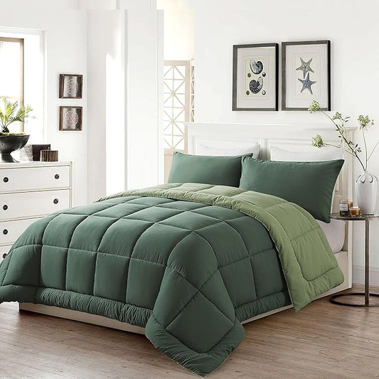 DOWNCOOL King Size Comforter Set -All Season Bedding Comforters Sets with 2 Pillow Cases -3 Pieces Bed Set Down Alternative King Bedding Set -Double Green King Comforter Set(102"x90")