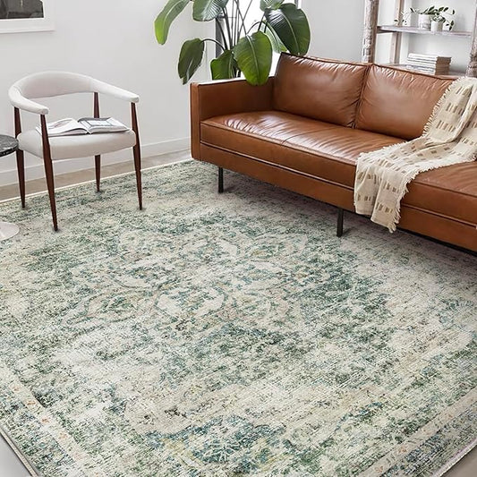 Washable Area Rug 9'x12' Retro Boho Design Non-Shedding Easy Care Ideal for High Traffic Areas in Living Room Bedroom Office Coffee Table Kitchen Large Carpet