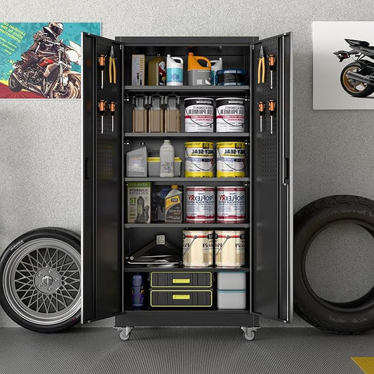 SUXXAN Metal Garage Storage Cabinet with Wheels and Pegboard, 71'' x 34'' x 18'' Lockable Rolling Steel Cabinet with 5 Adjustable Shelves and Door for Garage, Office, Kitchen, Assembly Required