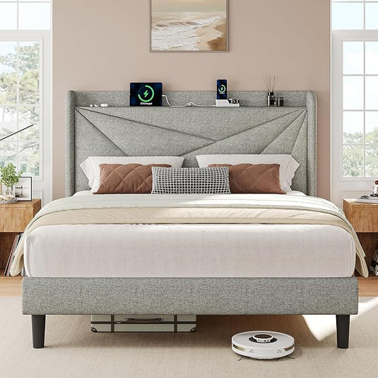 iPormis Full Size Bed Frame with Charging Station, Linen Platform Bed Frame with Wingback Headboard Upholstered Bedframe, Solid Wood Slats Support, No Box Spring Needed, Easy Assembly, Light Grey