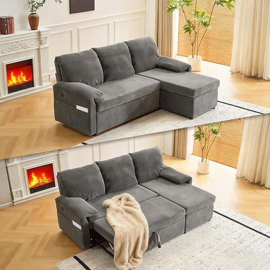 VINGLI Convertible Sofa Bed Couches for Living Room, Sleeper Sofa with Pull Out Couch Bed, Cloud-Like Plush Fleece L-Shape Sectional Couch with Storage Chaise, USB Charging, Side Pockets (Black)