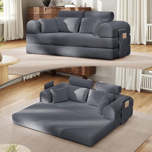 Upgrade High Backrest Design Sofa Bed with Fixed-Shape Frame & Removable Armrests and Backrest, Corduroy Fabric, Convertible Couch for Small Spaces - No Assembly Needed (High Backrest Dark Gray)