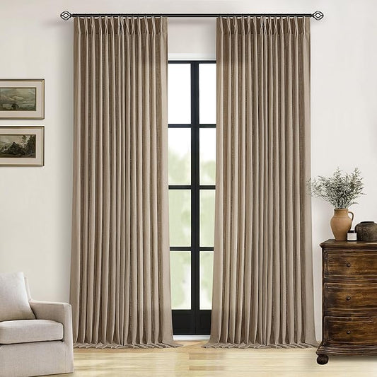 Pleated Linen Curtains 96 Inches Long for Living Room 2 Panel Set Semi Sheer Light Filtering Pinch Pleat with Rings Hooks Drapes Boho Farmhouse Rustic Light Brown Tan Latte Curtain Bedroom Window