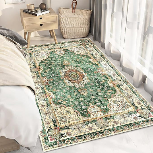 Green Rug 3'x5',Washable Area Rugs for Bedroom Living Room Kitchen Entryway Bedside,Small Boho Vintage Bohemian Distressed Oriental Non Slip Carpet,Retro Sage Floral
