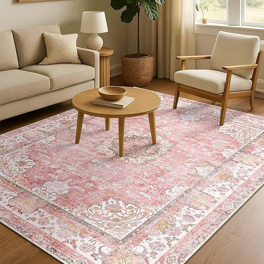 Pink Rug 4'x6.5',Washable Area Rugs for Bedroom Living Room Kitchen Entryway Bedside,Small Boho Vintage Bohemian Distressed Oriental Non Slip Carpet,Blush Floral Flowers