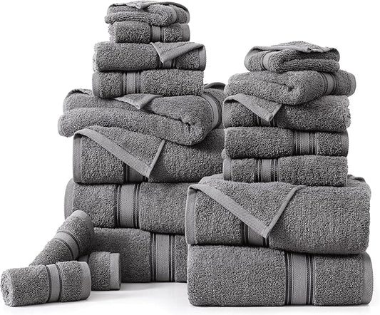 LANE LINEN 100% Mercerized Cotton Bath Towels Set of 18 – Zero Twist, 6 Bath, 6 Hand Towel & 6 Washcloths, Soft, Ideal for Spa Hotel & Home, Gentle on Body, Durable After Multiple Washes – Cool Grey