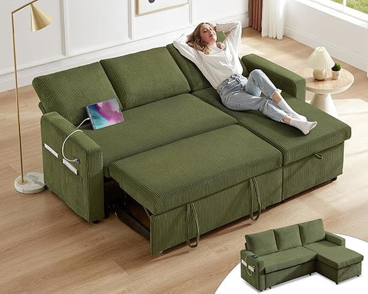 Vipbear 80" Sectional Sleeper Sofa Bed with Pull Out Bed, L Shaped Couch Pull Out Couch with Reclining Backrest, Reversible Storage Chaise, USB Ports, Tool-Free Assembly, Corduroy Olive Green